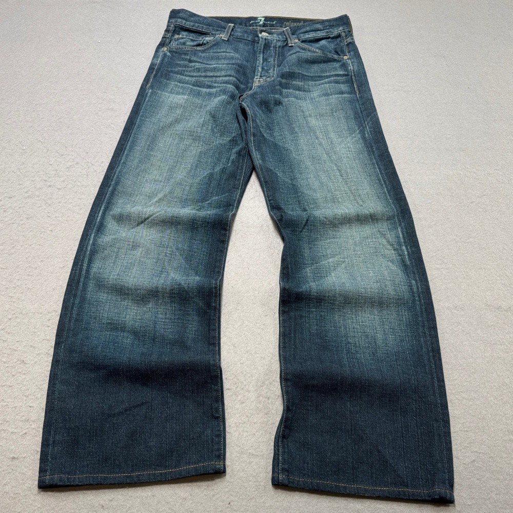 7 For All Mankind Jeans Mens 29 Blue Dark Wash Straight Leg Squiggle Relaxed USA